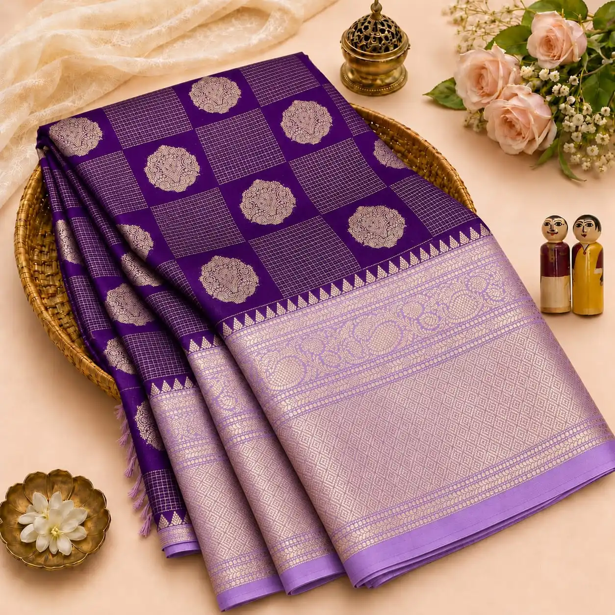 Traditional Round Motif & Grid Check Semi Silk Saree